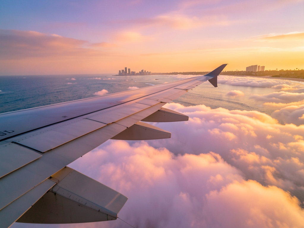 Airplane wing above glowing clouds sunset overlooking Miami