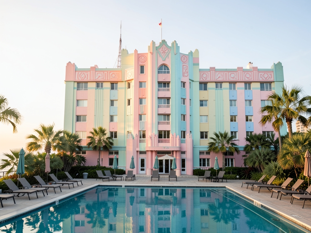 Miami Beach Deco hotel facade sunrise pastel walls