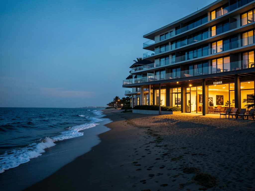 Atlantic shoreline beside modern beachfront hotel dusk glass