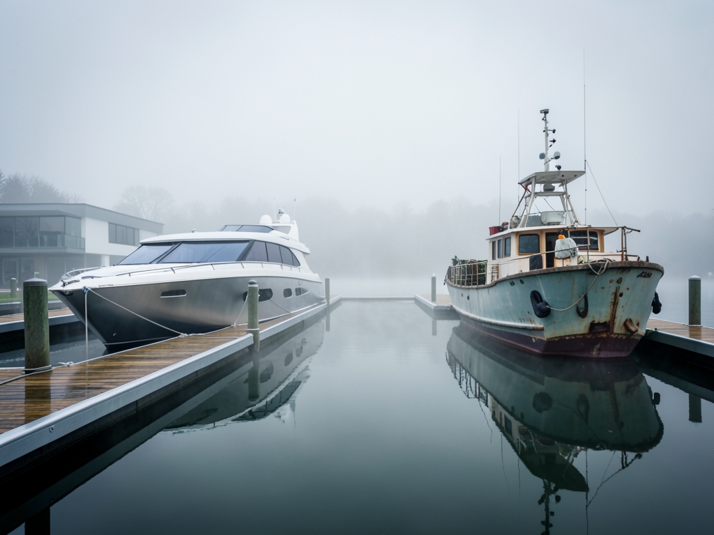 misty November morning wraps around modern marina where