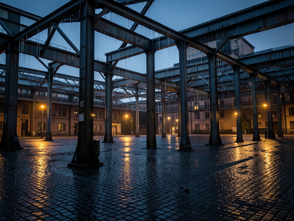 vast industrial courtyard twilight steel beams overhead dripping