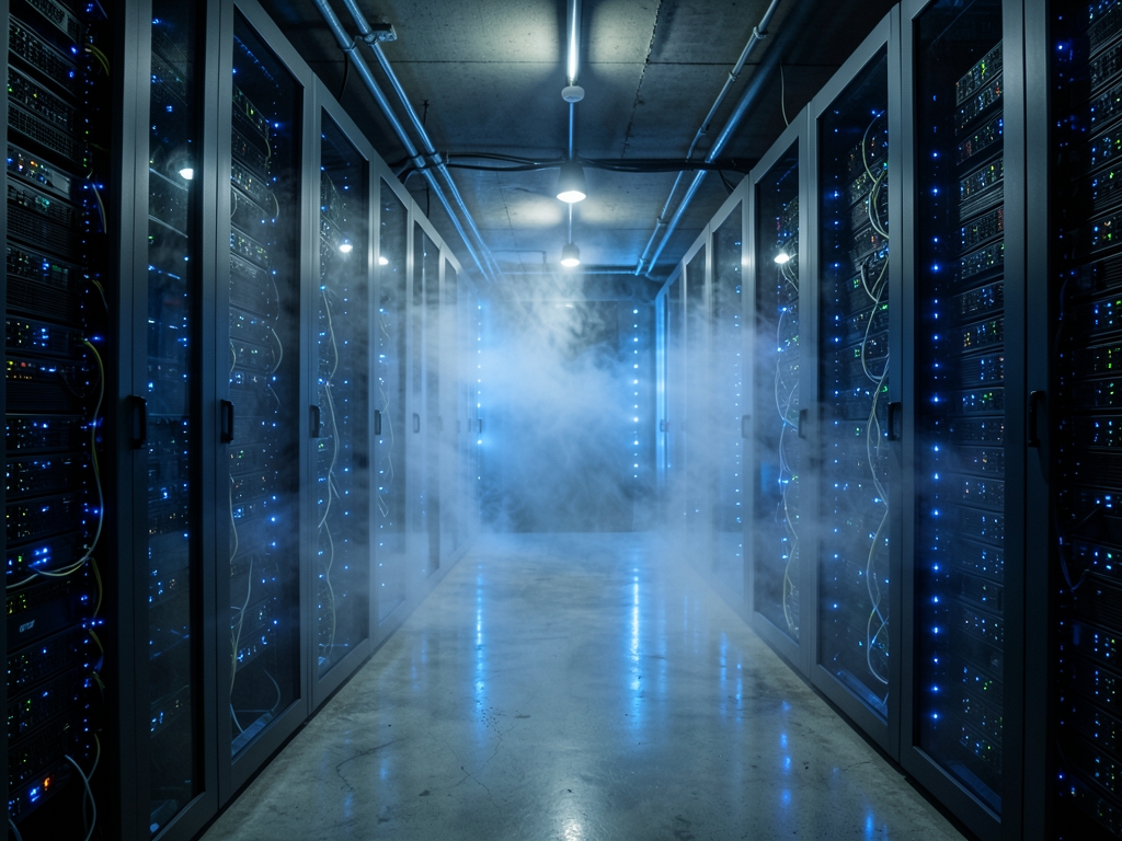 dimly underground data center with rows glass servers