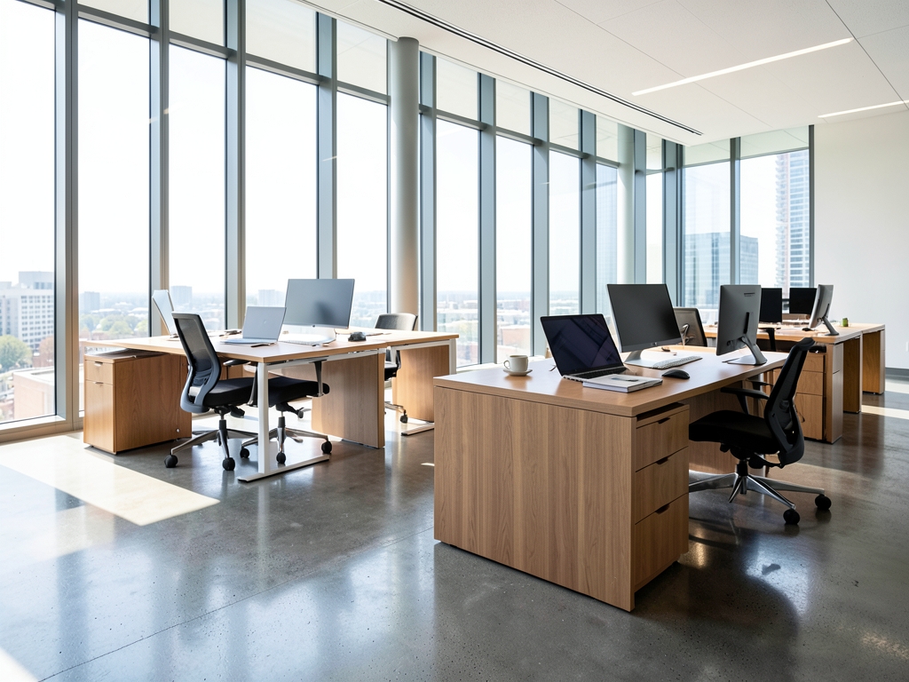 Sunlight streams through glass facade modern corporate office