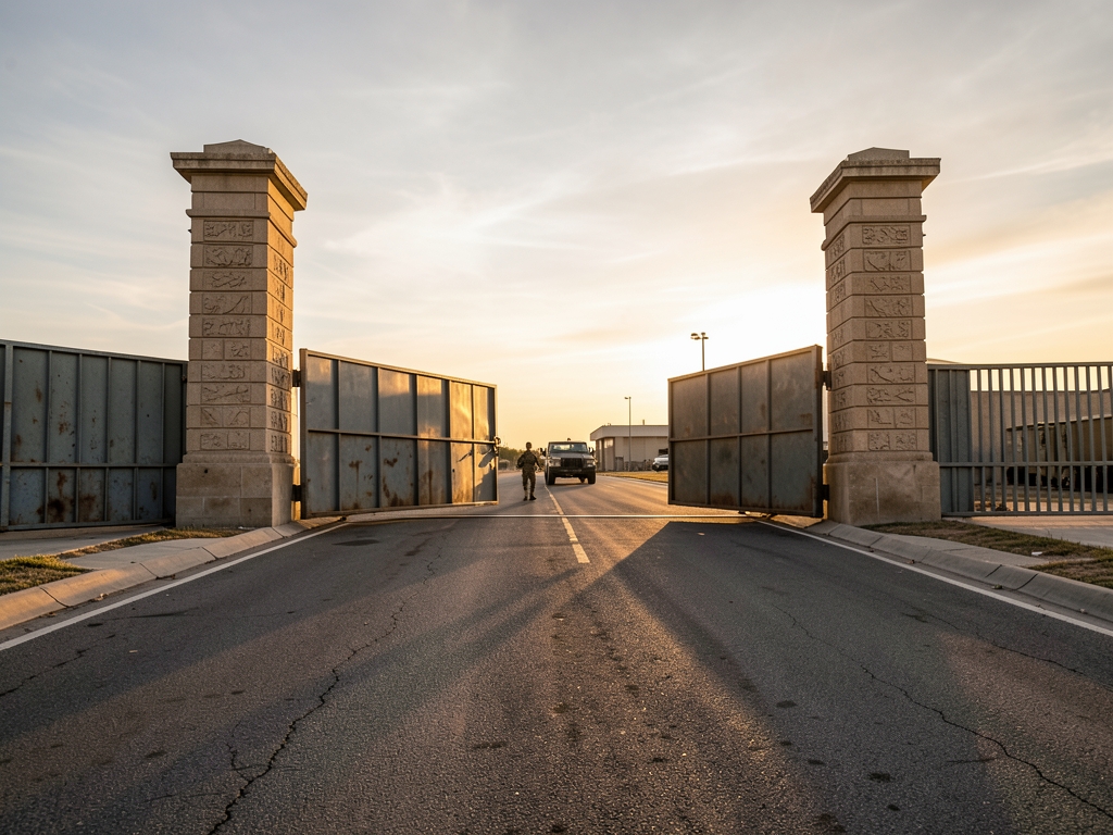 Wide view military base gate golden hour stone