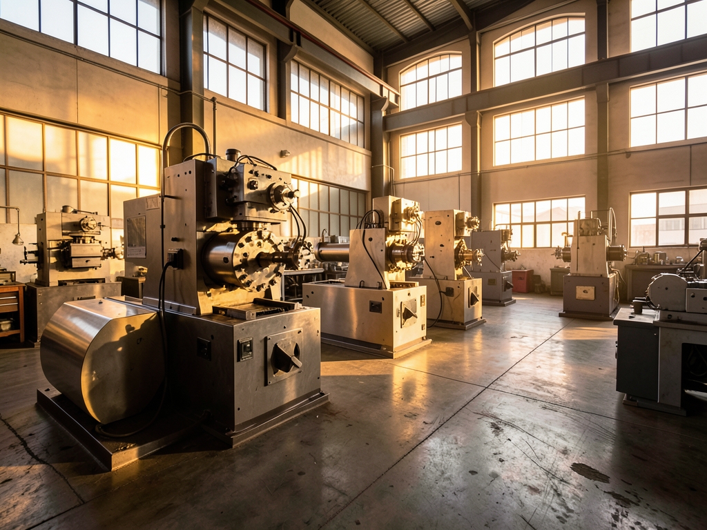Sunlit industrial workshop with polished steel machinery concrete