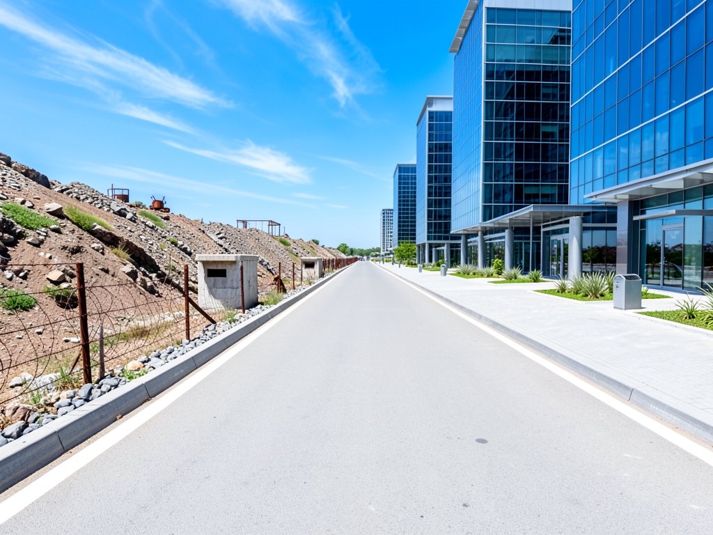 Wide paved causeway connecting rugged military terrain modern