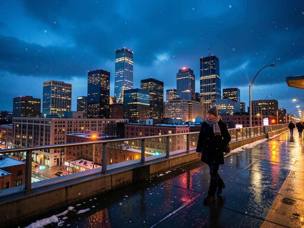 elevated dusk view Minneapolis skyline from light rail platform
