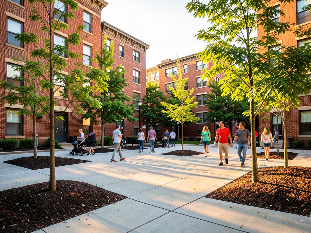 sunlit former parking reborn leafy neighborhood plaza Minneapolis