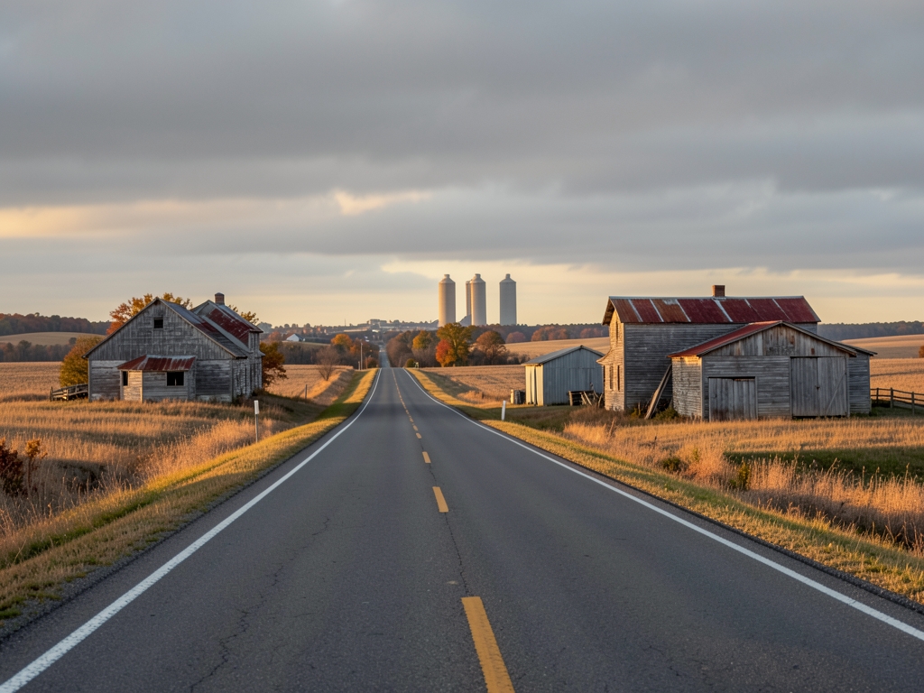quiet prairie highway southern Minnesota golden hour farmland