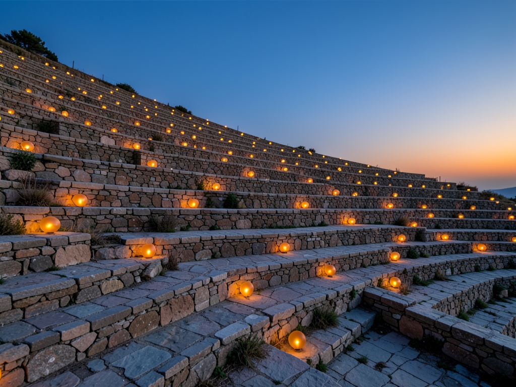 serene landscape tiered stone terraces holding glowing amber