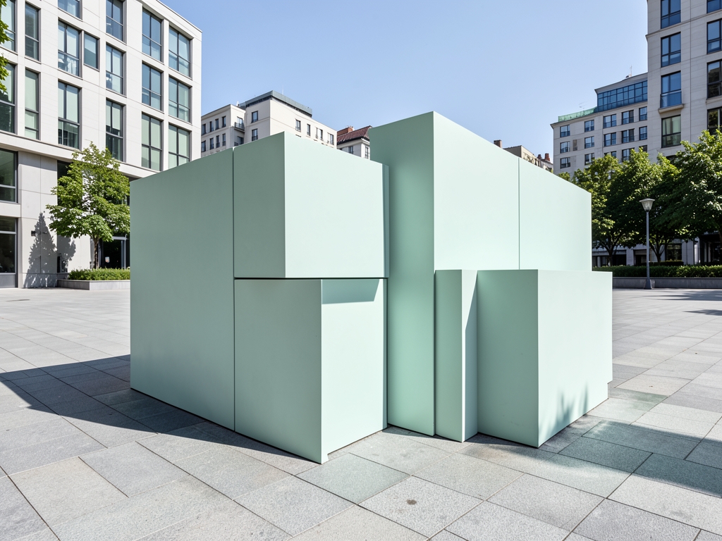 Sunlit minimalist architecture interlocking geometric blocks cool mint