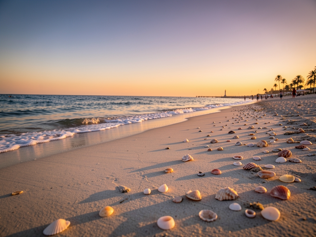 wide angle view Miramar Beach golden hour soft amber