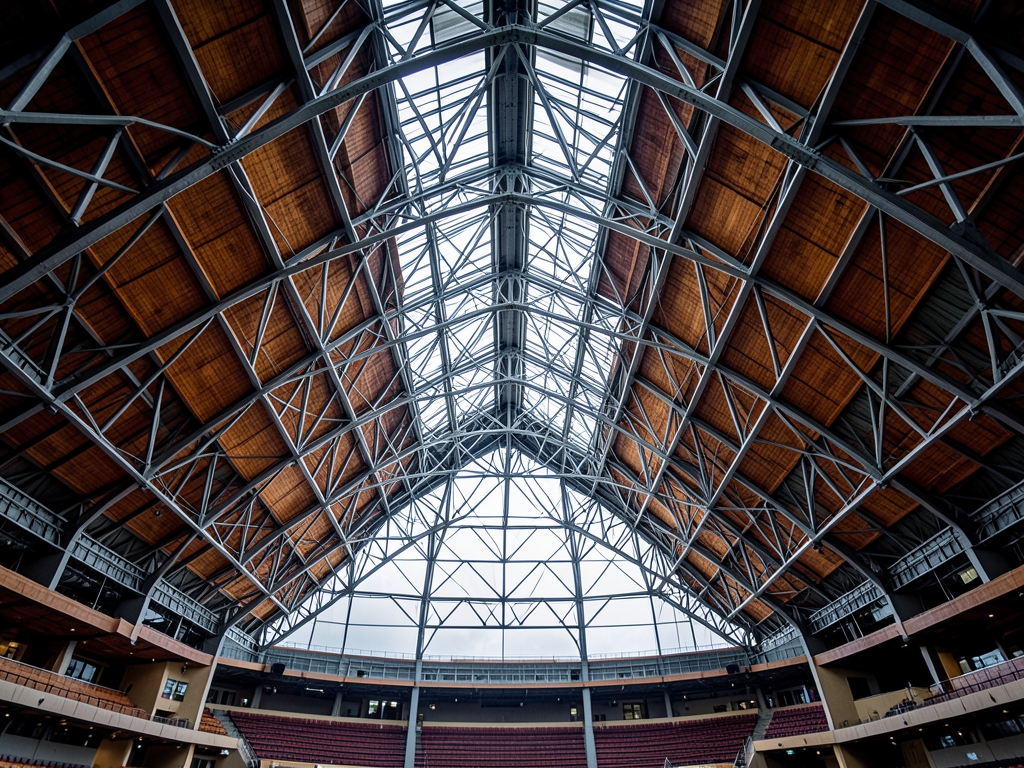 Overcast light washes over massive truss supported auditorium roof
