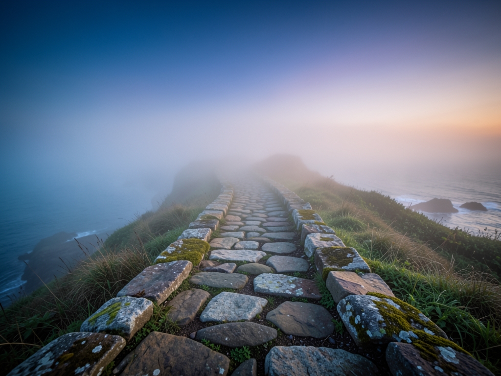 misty coastal landscape dawn with winding stone path