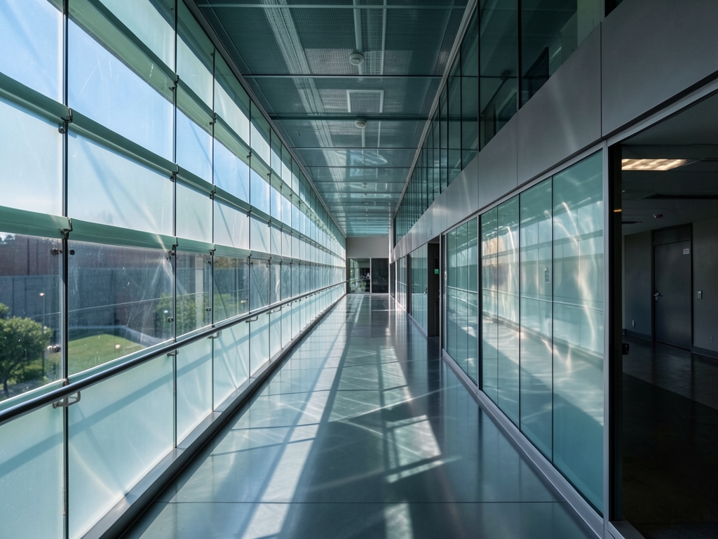 long glass corridor with shifting daylight filtering through