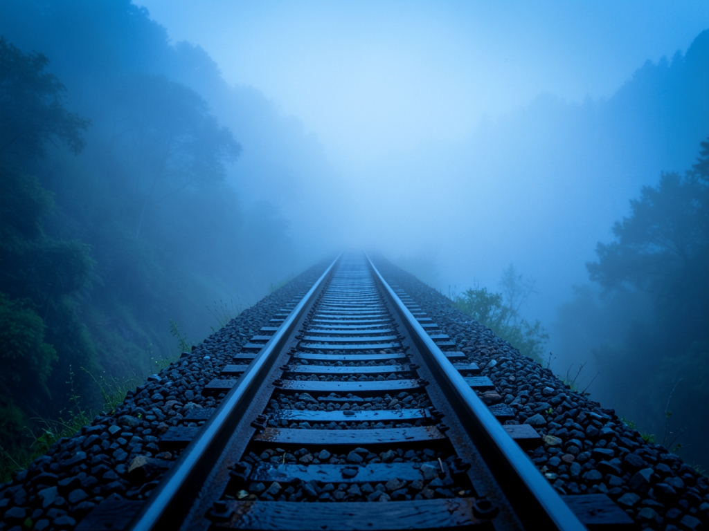 wide angle view fog draped mountain railway blue hour steel