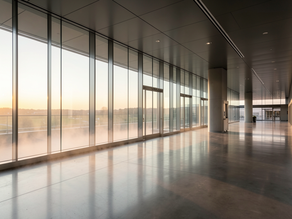 sleek glass walled transit terminal dawn pale golden light