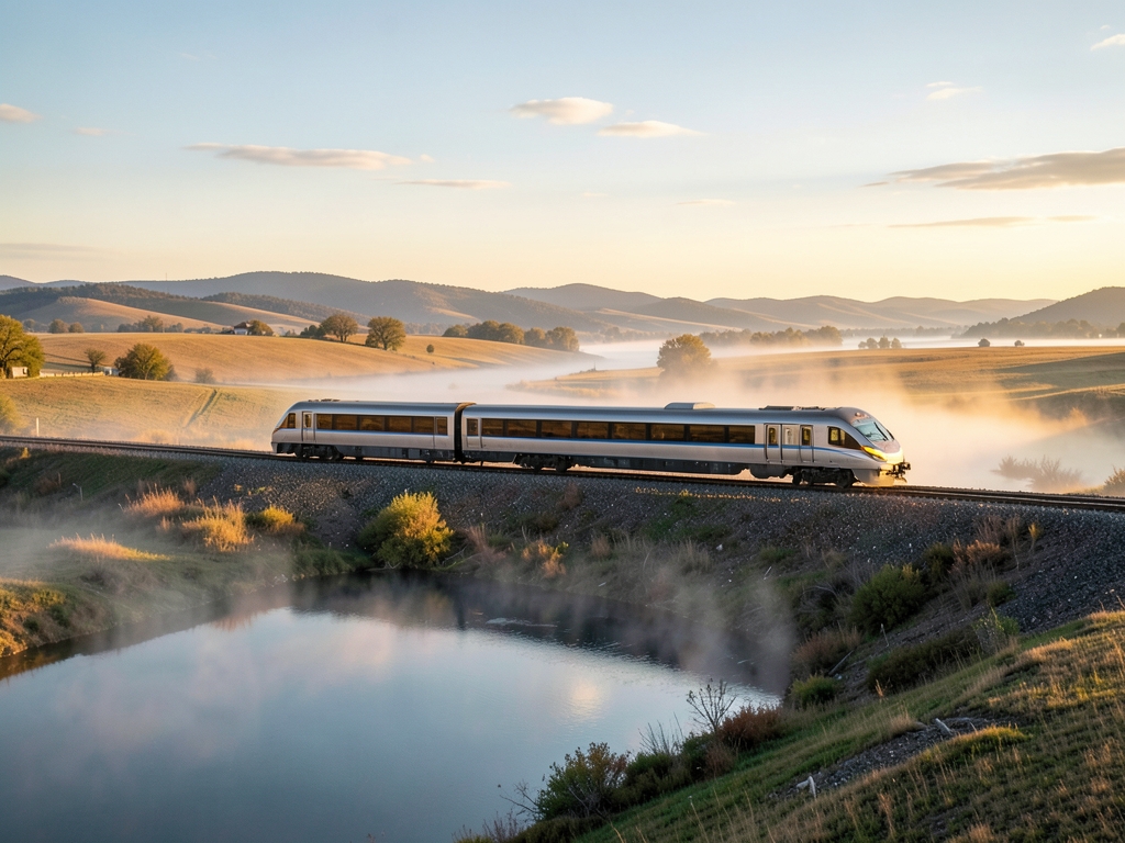 wide angle view sleek train crossing golden hour river valley