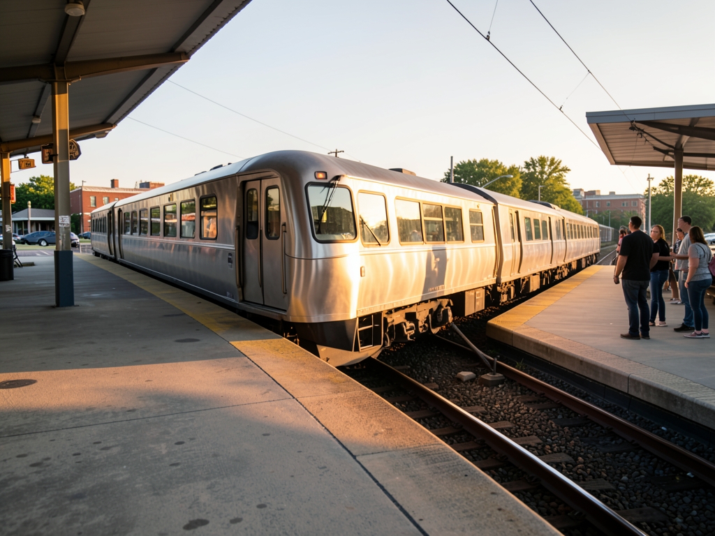 late afternoon Amtrak train gliding into sunlit Midwestern station
