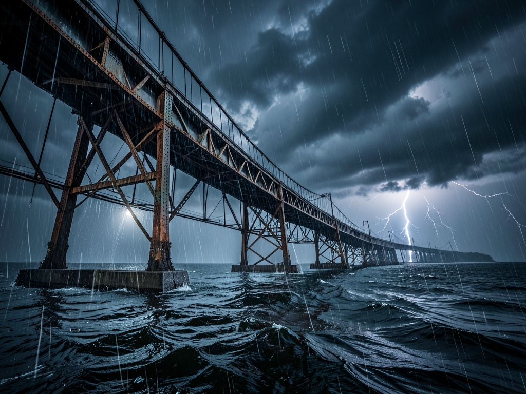 long steel bridge stretching into stormy horizon over