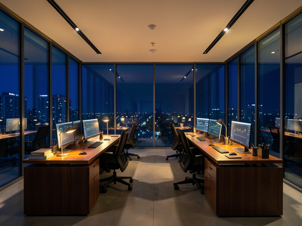 Modern corporate finance office night with soft warm