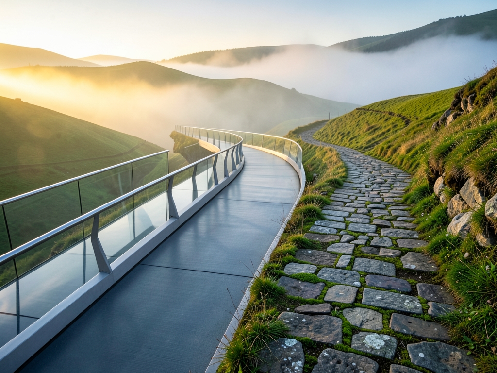 Wide forked path through rolling misty hills dawn