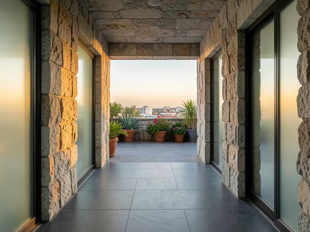 Parallel stone corridors opening onto shared rooftop terrace