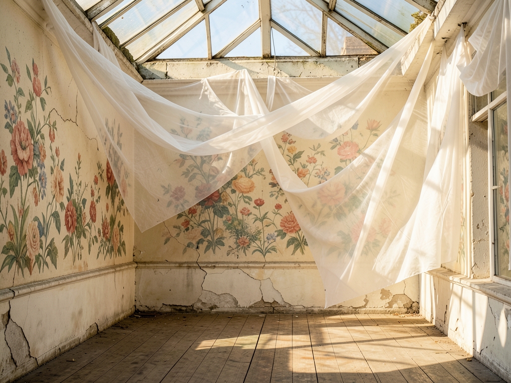 Sunlit conservatory with layered translucent fabric veils over