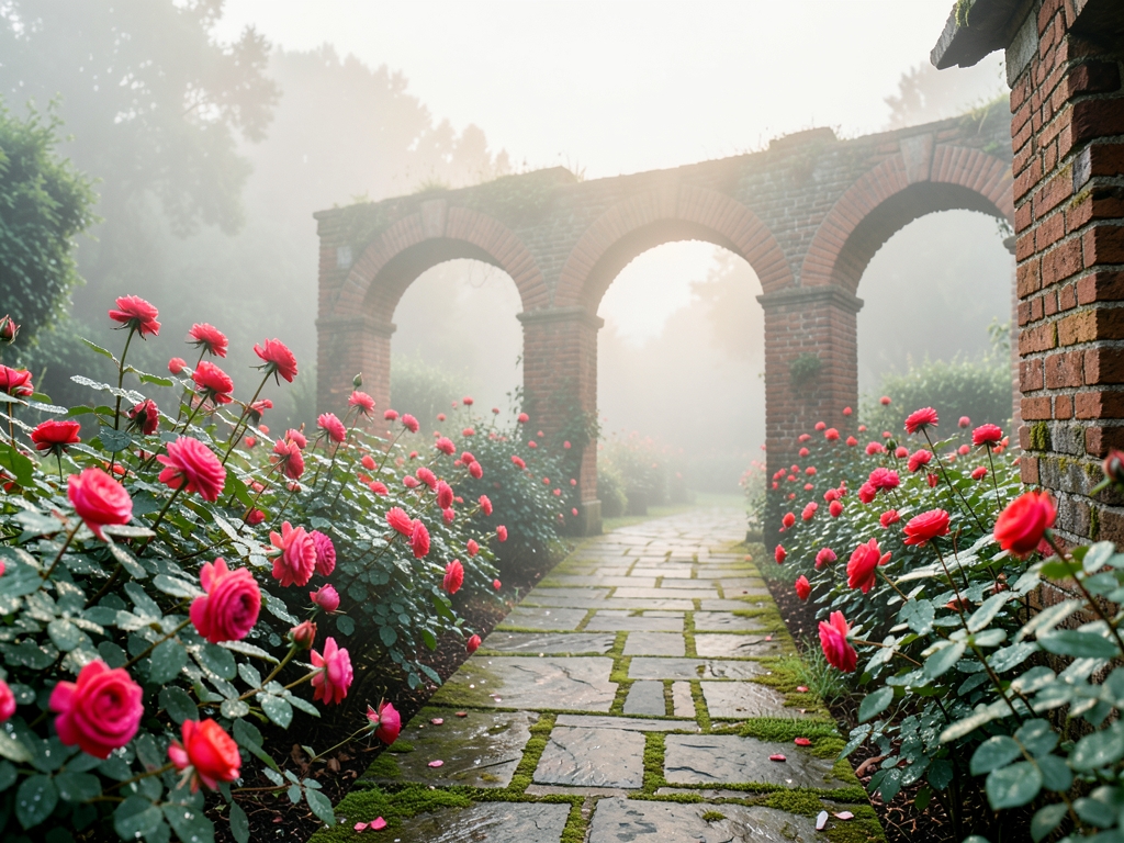 Misty stone garden path through blooming roses brick