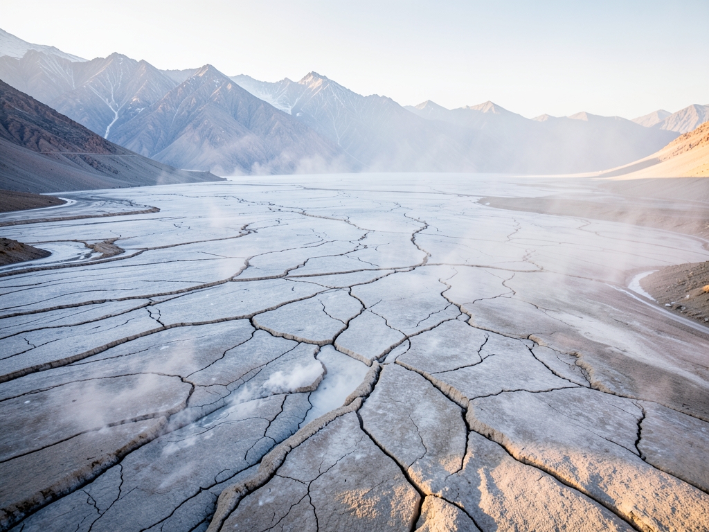 vast high altitude basin under pale winter light exposed