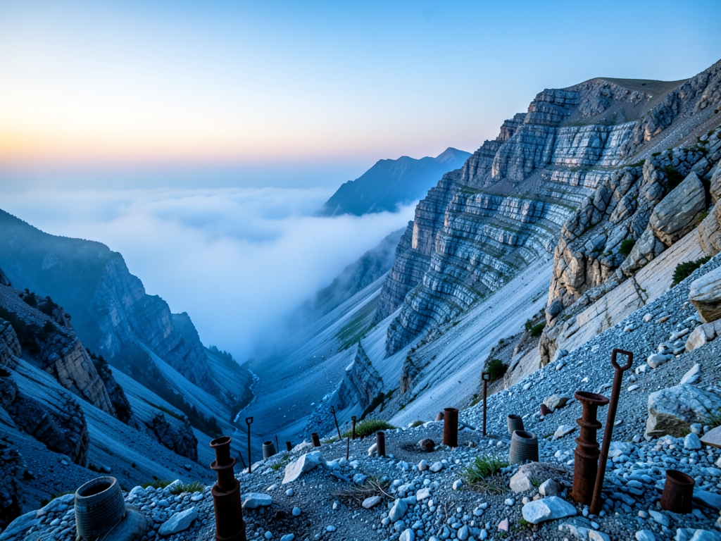 windswept mountain pass dawn with layered sedimentary rock