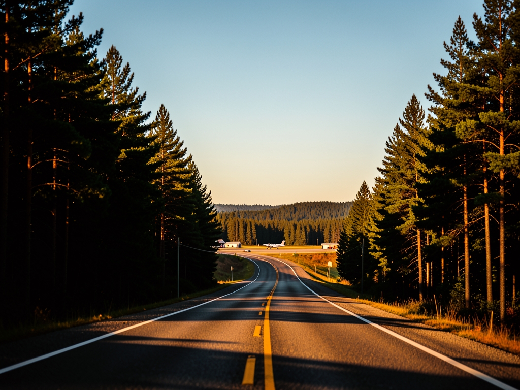Golden hour illuminates winding highway cutting through pine