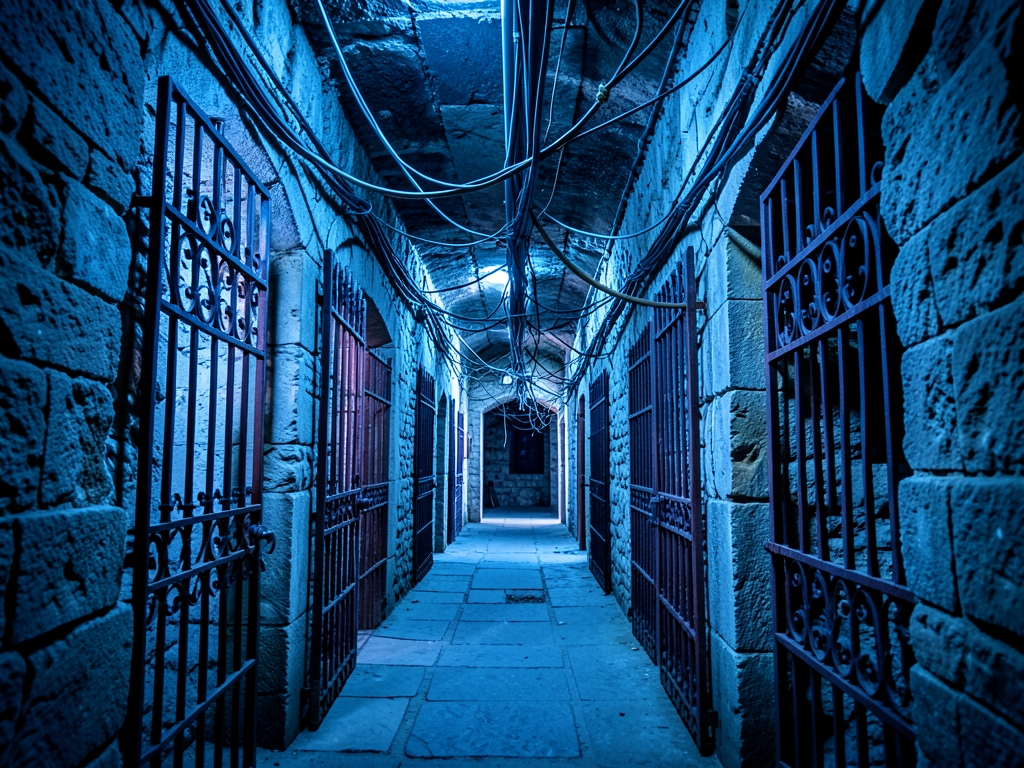 labyrinthine stone corridor bathed cold blue light featuring