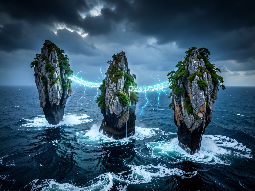 vast stormy ocean where three distinct rocky islands