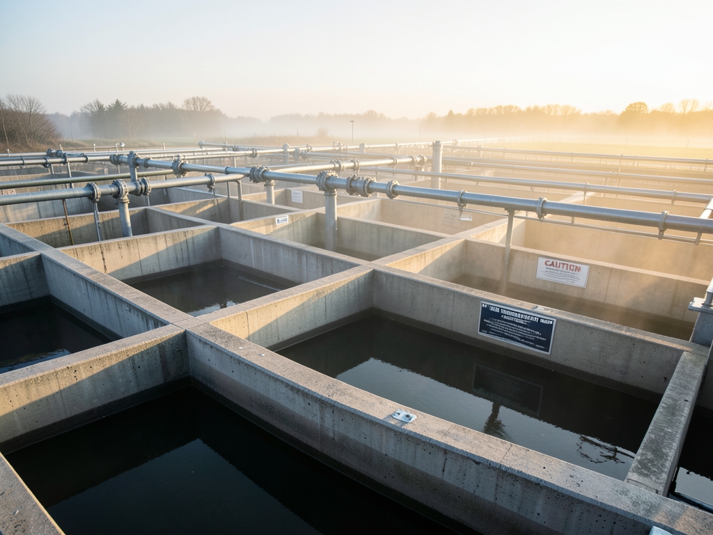 Municipal water treatment plant dawn geometric concrete basins
