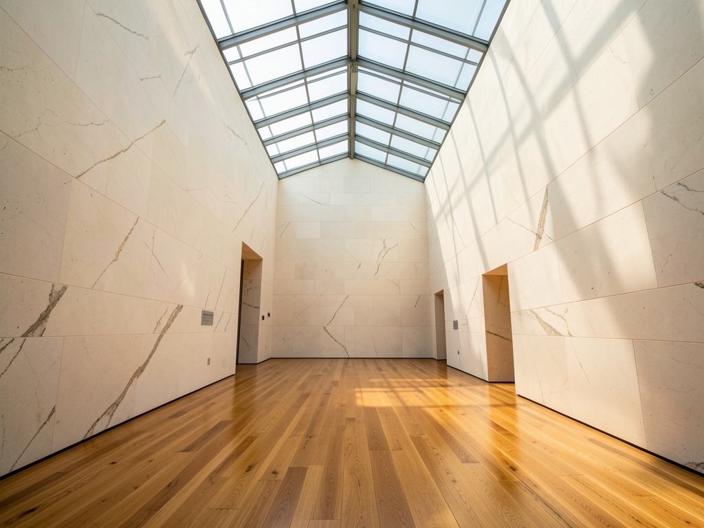 Sunlit museum hall with high skylights pale stone