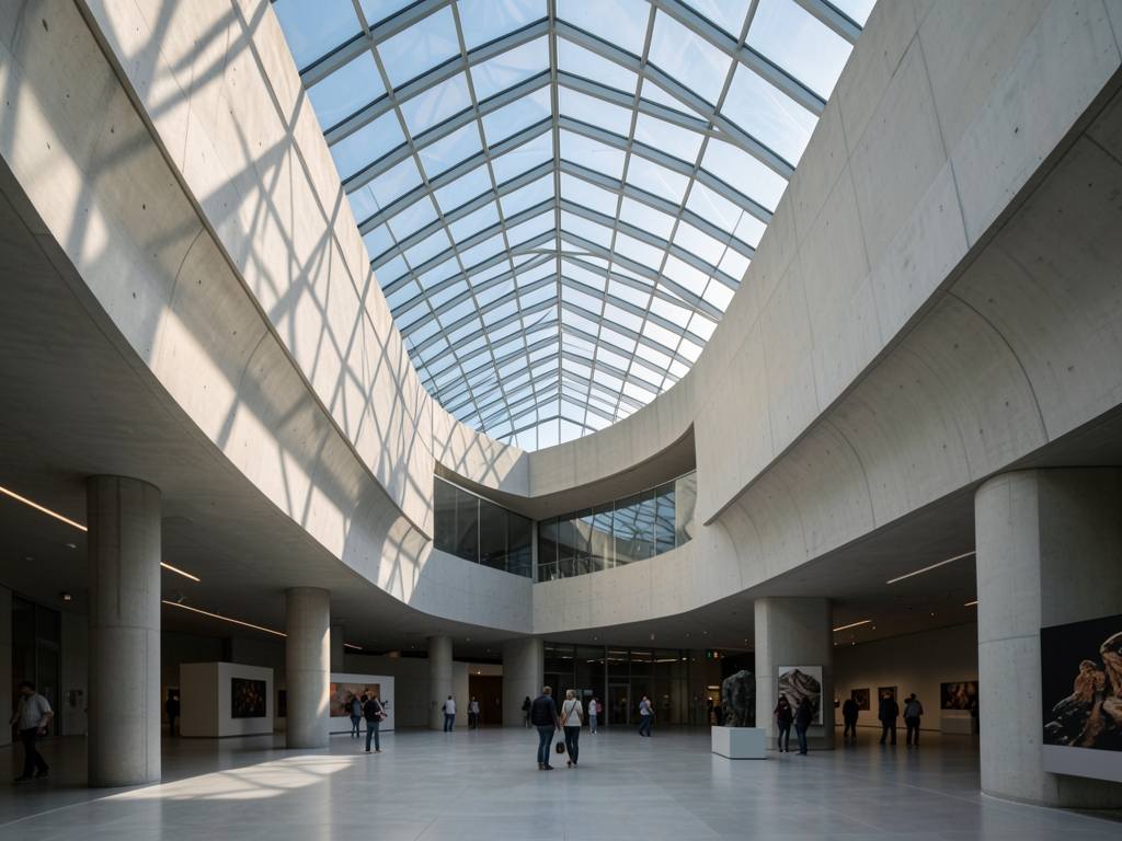 Modern museum atrium with sweeping glass roof curved