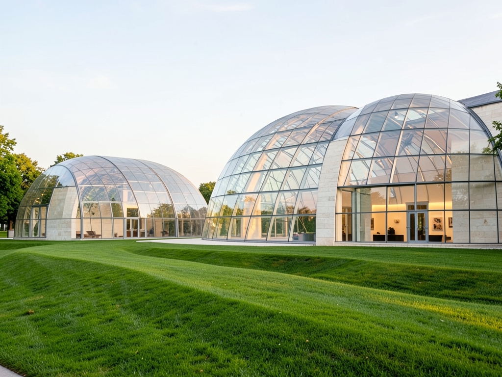 Glass lens museum pavilions glowing soft morning daylight