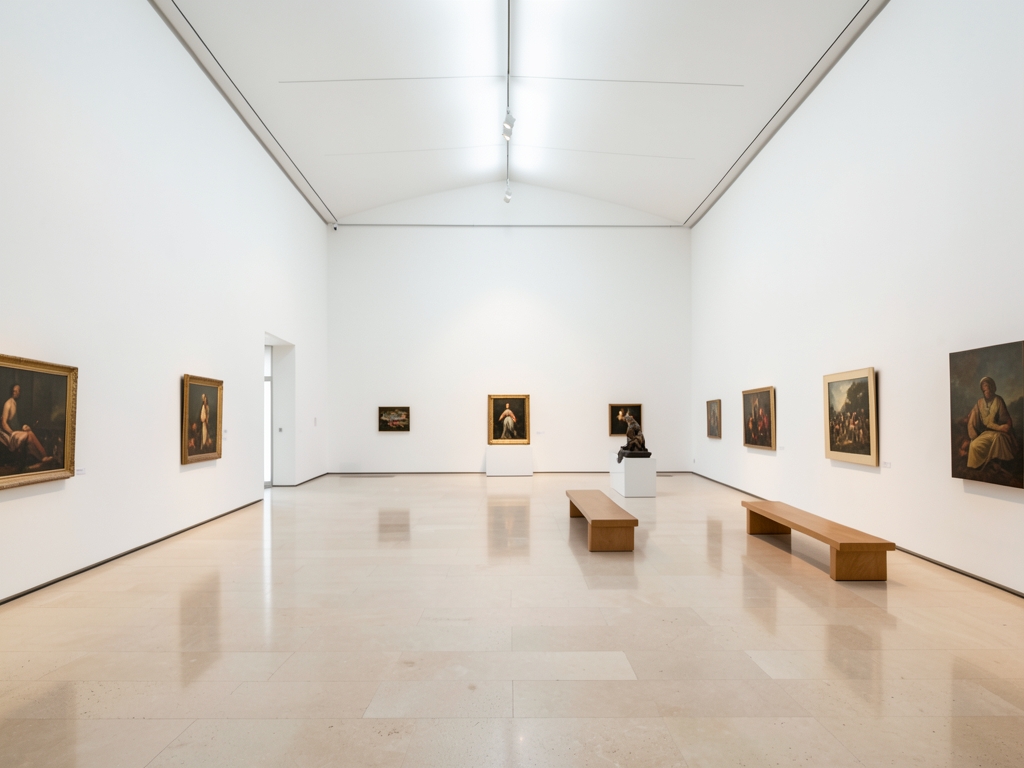 Vast minimalist museum gallery interior bathed diffused overhead