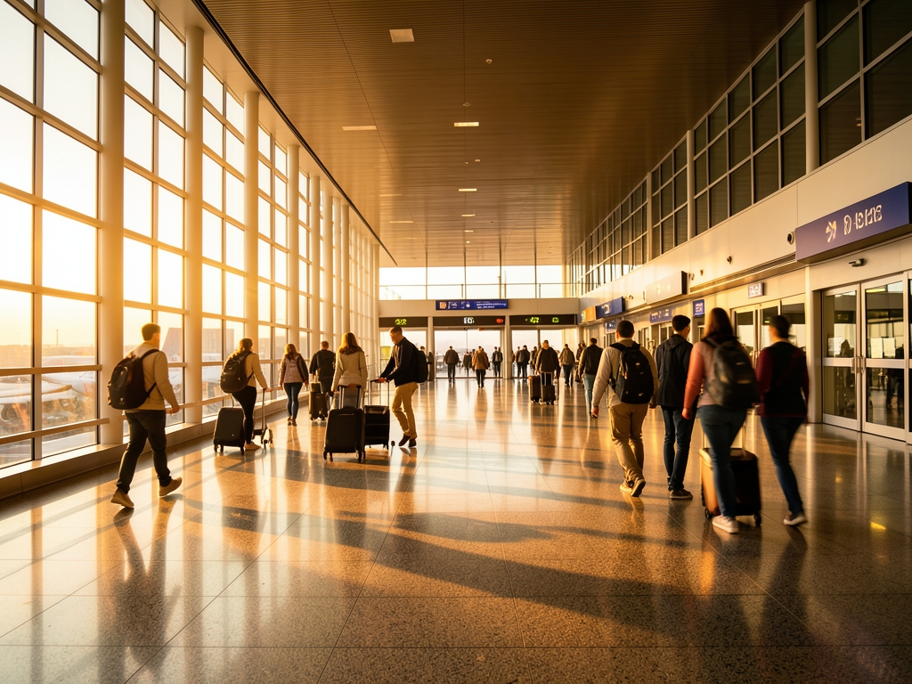 Modern airport terminal interior golden hour with travelers