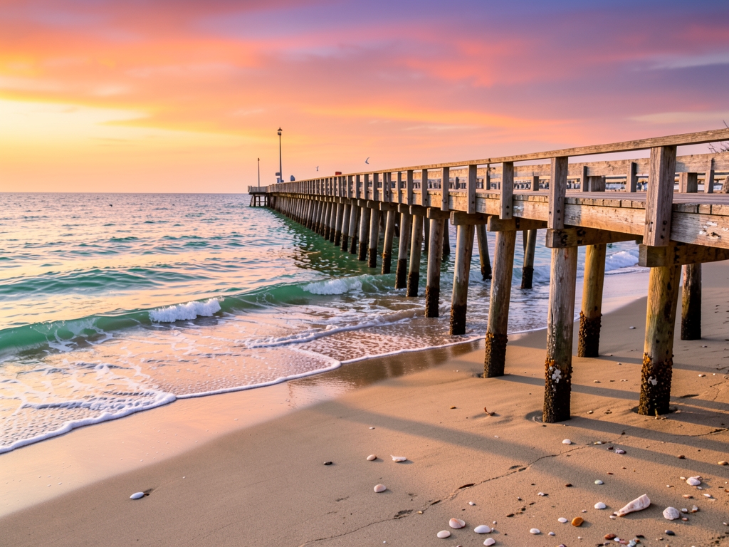 Sunset hues reflect calm turquoise waves lapping against