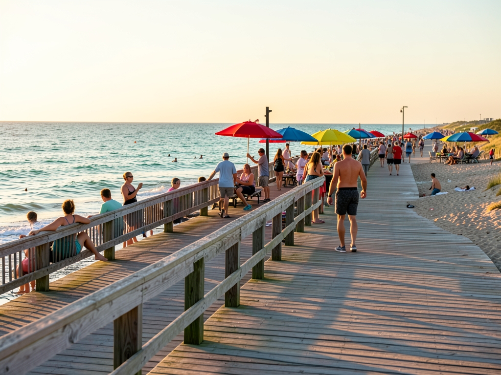 sunlit Myrtle Beach oceanfront boardwalk warm Saturday afternoon
