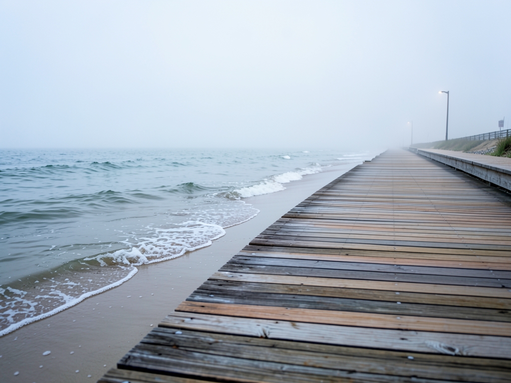 quiet Myrtle Beach oceanfront promenade misty Wednesday morning