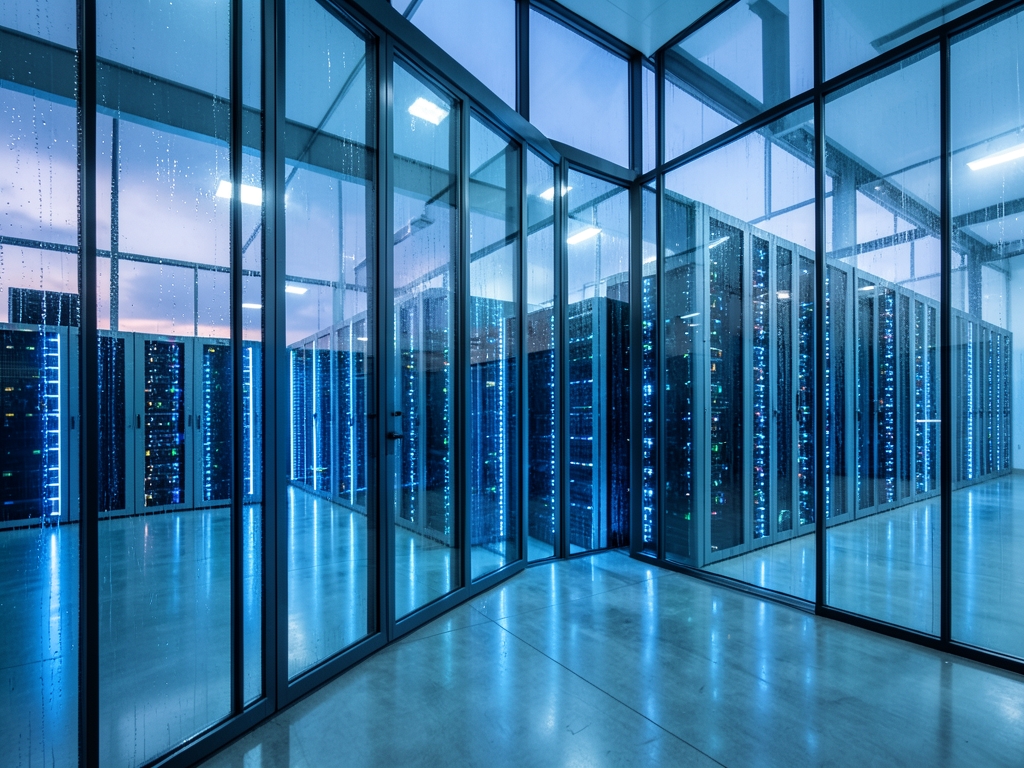 vast glass walled data center dusk rain streaking façade