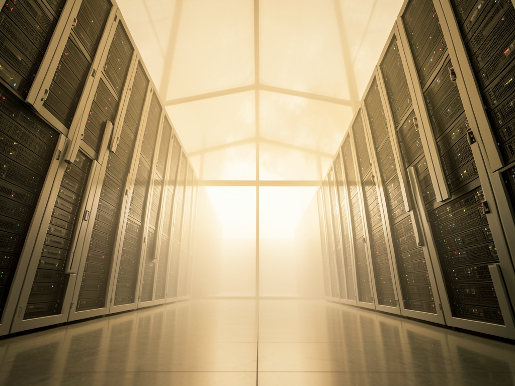 minimalist regulatory hall with towering server racks dissolving