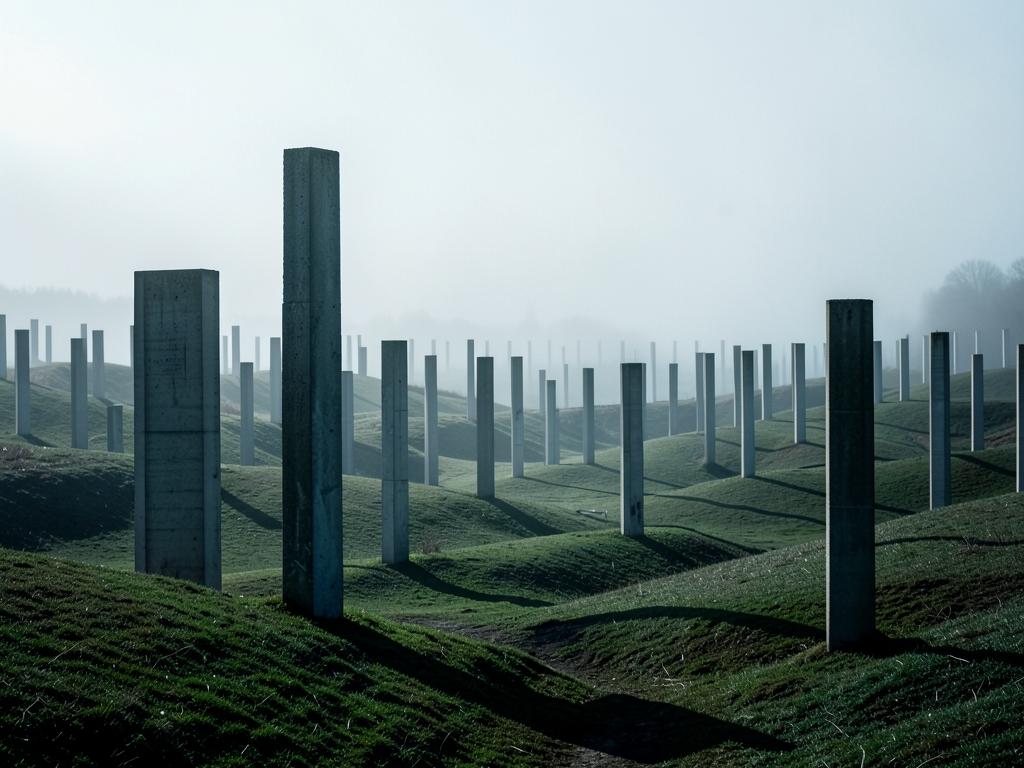 expansive Holocaust memorial landscape stretches across rolling ground