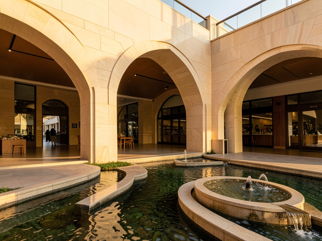 Wide architectural view modern market entrance bathed warm