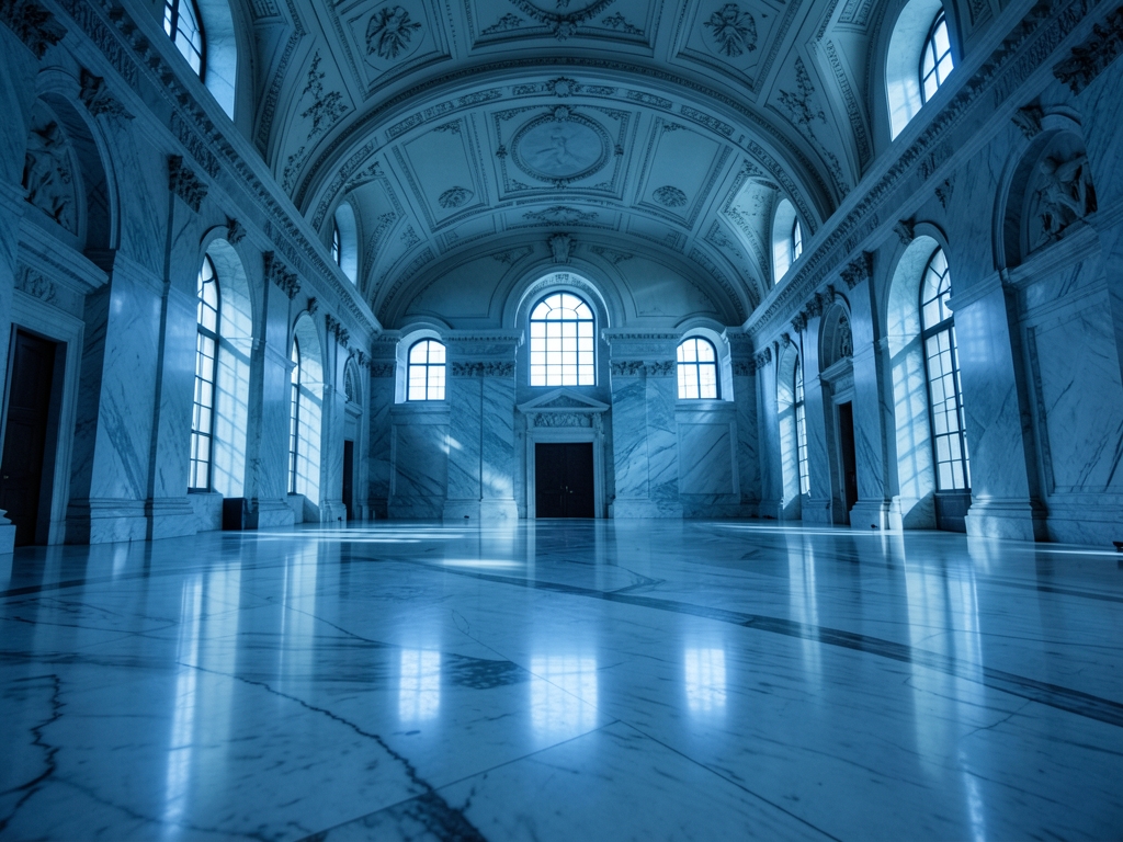 vast empty marble atrium under overcast skies with