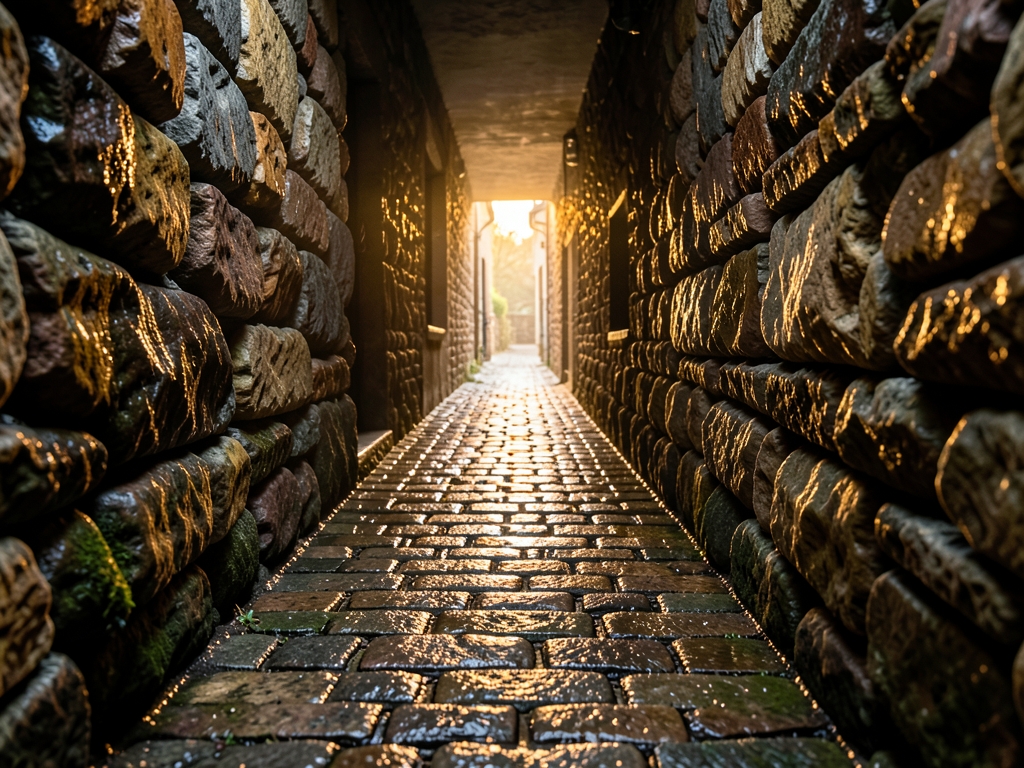 narrow stone corridor warm amber dawn light rain soaked