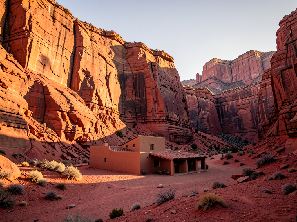 Sun drenched rock canyon landscape with solitary adobe home